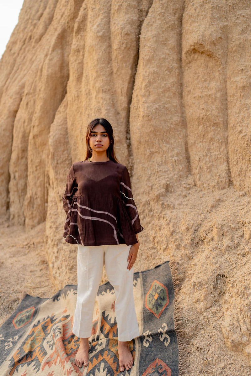 BROWN ZARYA TOP chanderi by Nirjara in brown color for women Worldwide