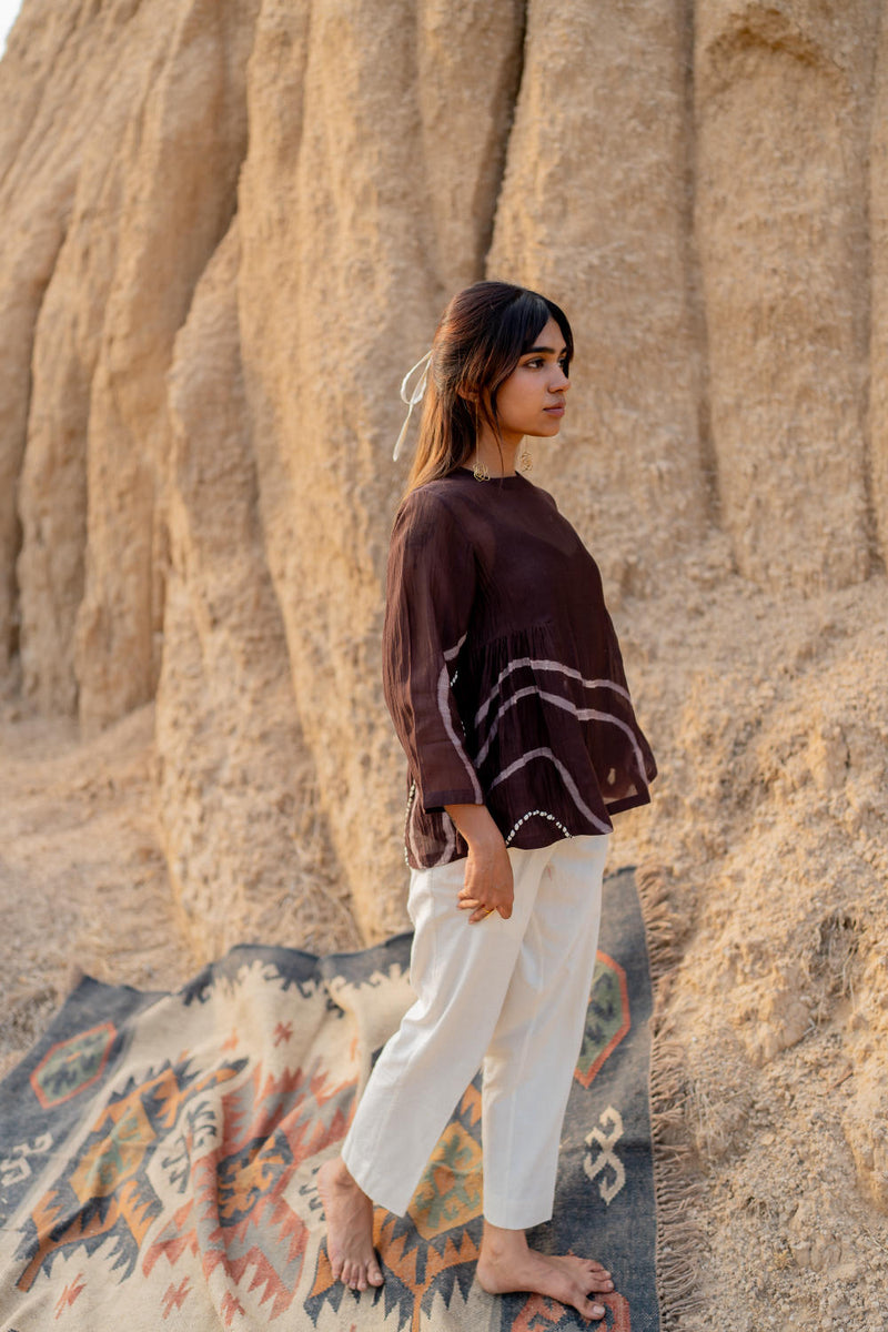 BROWN ZARYA TOP chanderi by Nirjara in brown color for women Worldwide