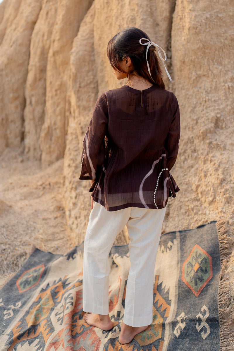 BROWN ZARYA TOP chanderi by Nirjara in brown color for women Worldwide