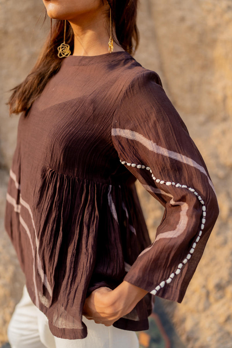 BROWN ZARYA TOP chanderi by Nirjara in brown color for women Worldwide