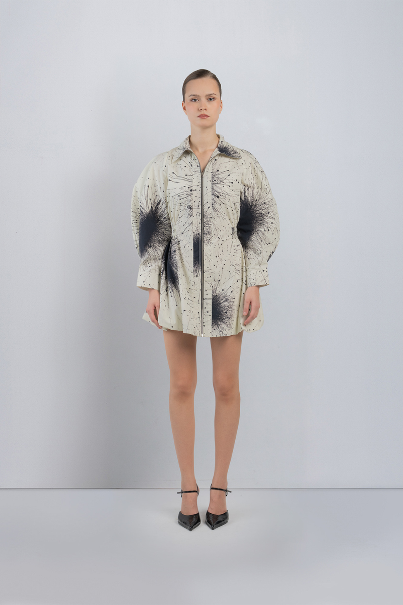 BUBBLE HEM DRESS IN SPLATTER PRINT - Black + Ivory dress by Leh Studios in black for women Worldwide
