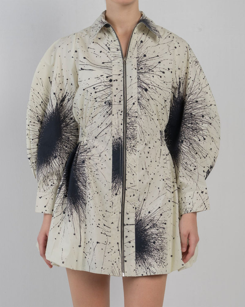 BUBBLE HEM DRESS IN SPLATTER PRINT - Black + Ivory dress by Leh Studios in black for women Worldwide