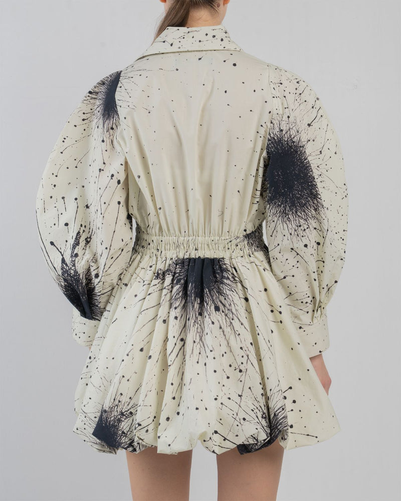 BUBBLE HEM DRESS IN SPLATTER PRINT - Black + Ivory dress by Leh Studios in black for women Worldwide