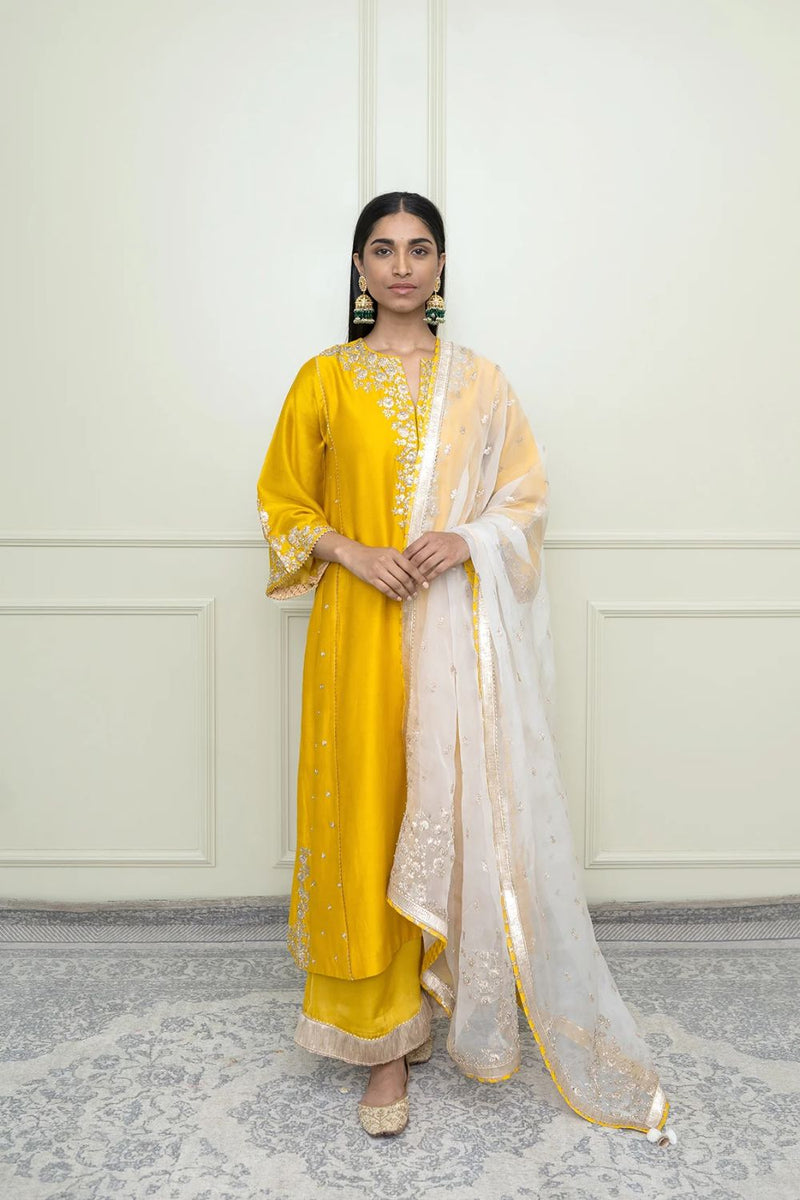 Baarizah Chauga with palazzo and dupatta-Glaze Mustard & Daisy Ivory silk by SHEETAL BATRA in mustard color for women Worldwide