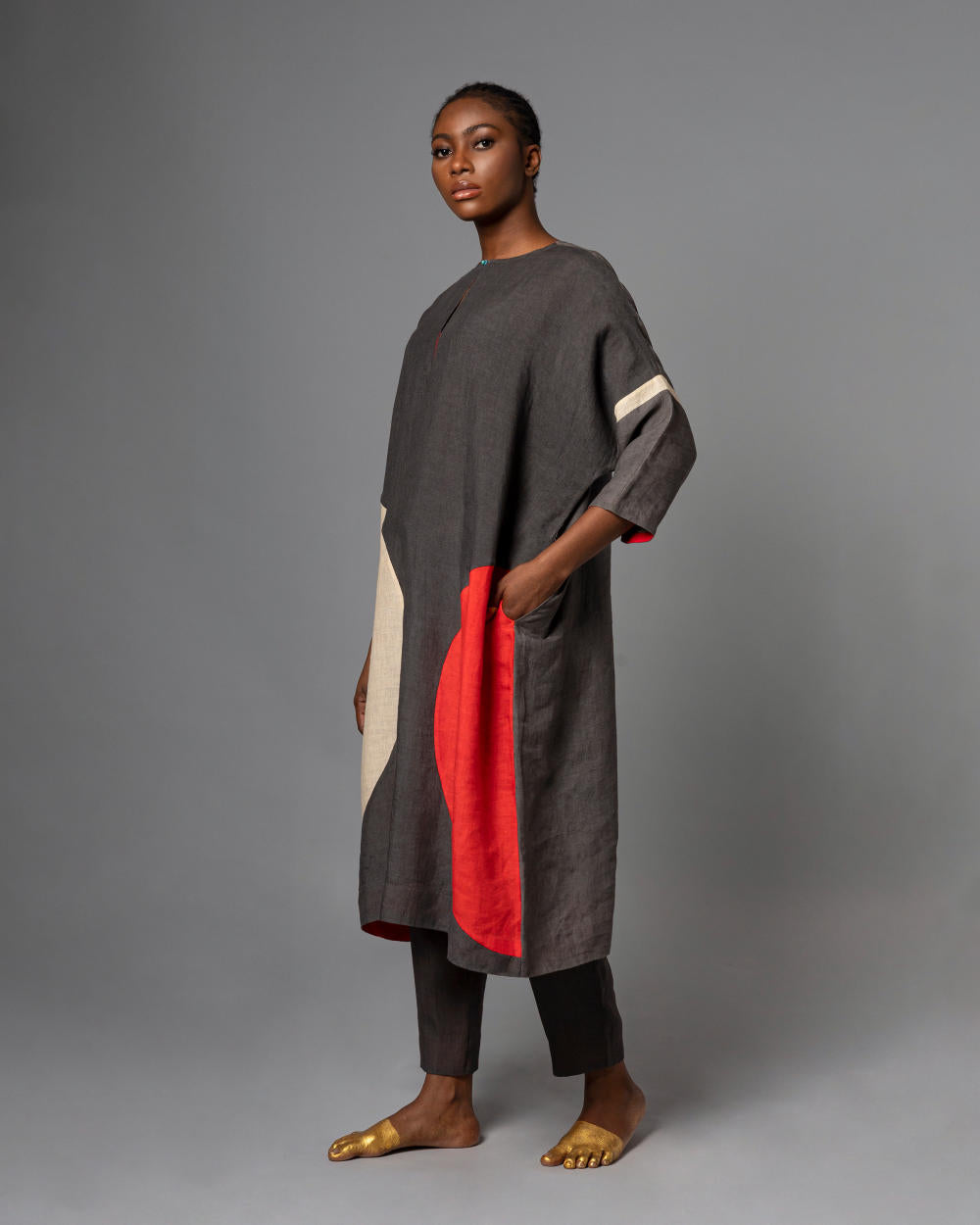 Bamile Charcoal Red Natural Kaftan