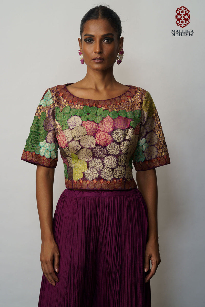 Banaras Bloom crop top applique aubergine silk by Mallika Mathur for women Worldwide