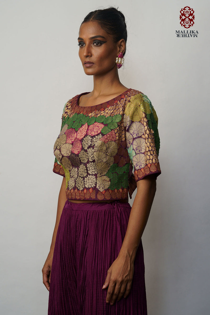 Banaras Bloom crop top applique aubergine silk by Mallika Mathur for women Worldwide