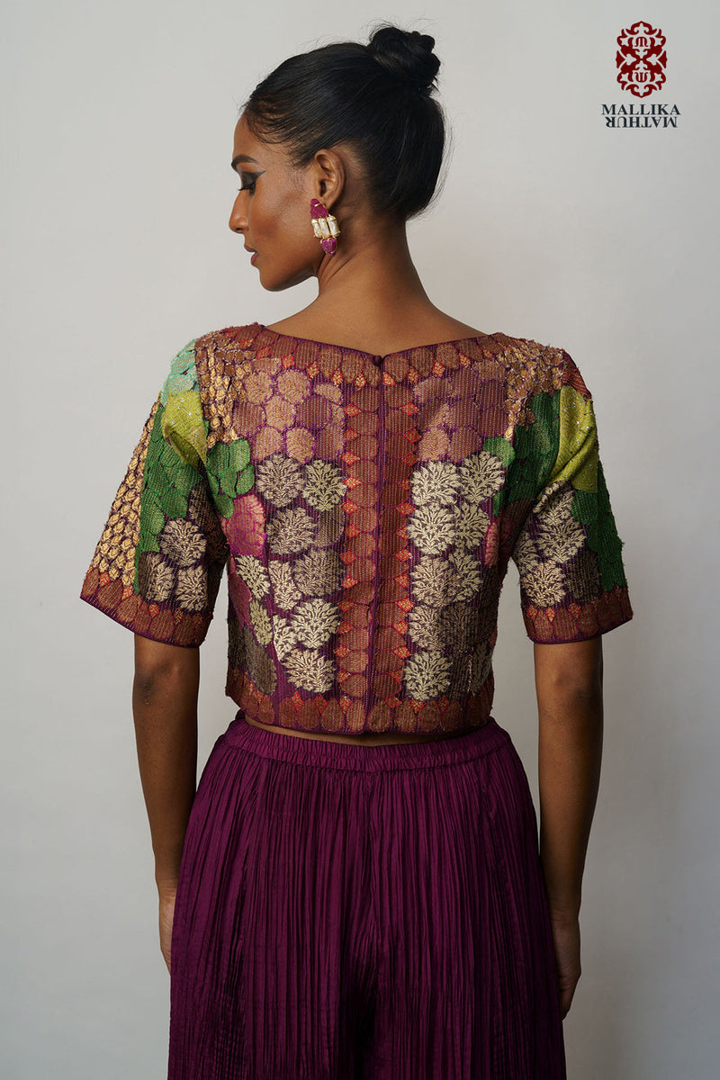 Banaras Bloom crop top applique aubergine silk by Mallika Mathur for women Worldwide