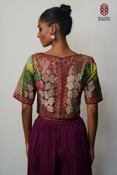 Banaras Bloom crop top applique aubergine