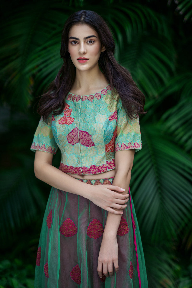 Banaras Bloom crop top aquamarine silk by Mallika Mathur for women Worldwide