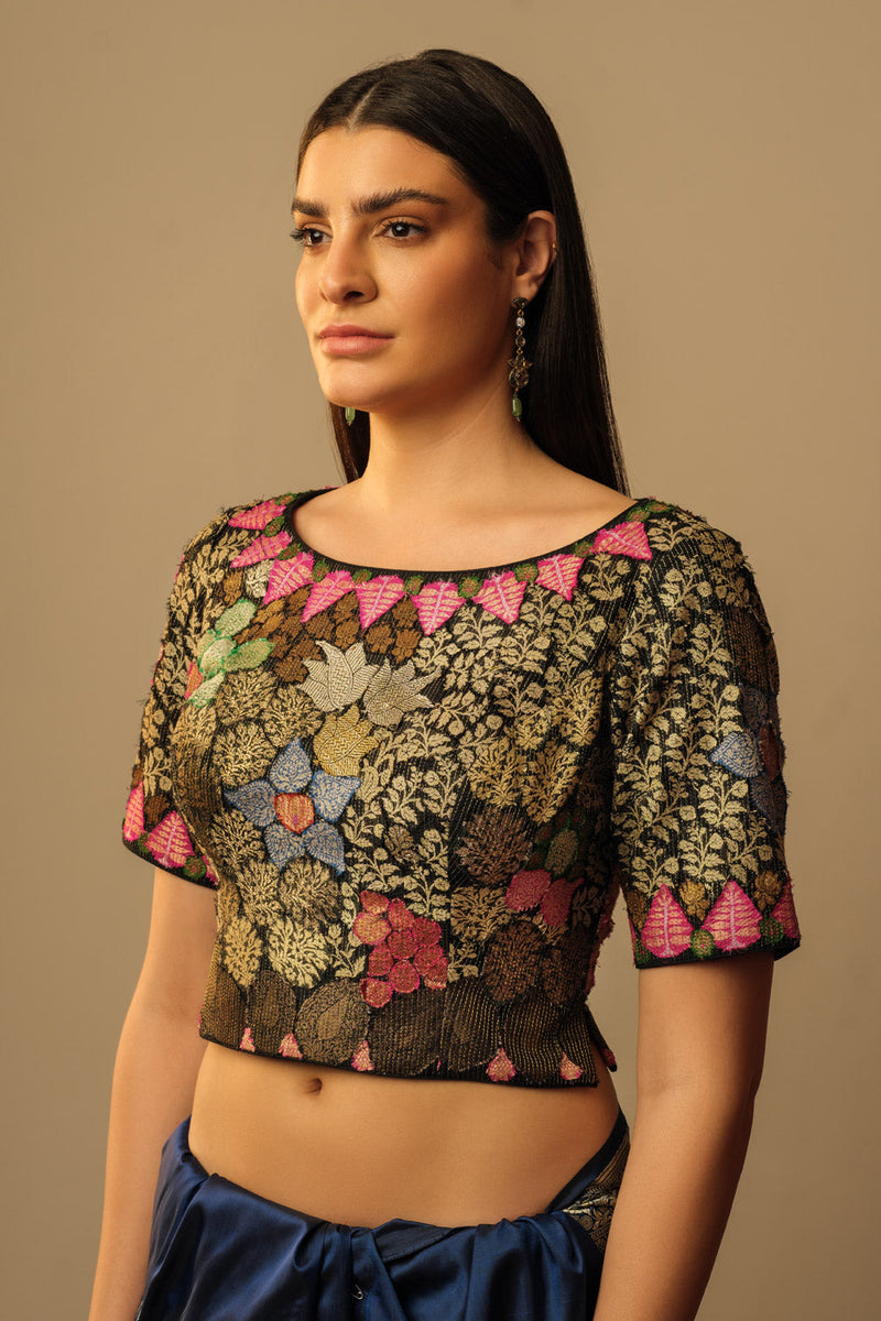 Banaras Bloom crop top black silk by Mallika Mathur in black color for women Worldwide