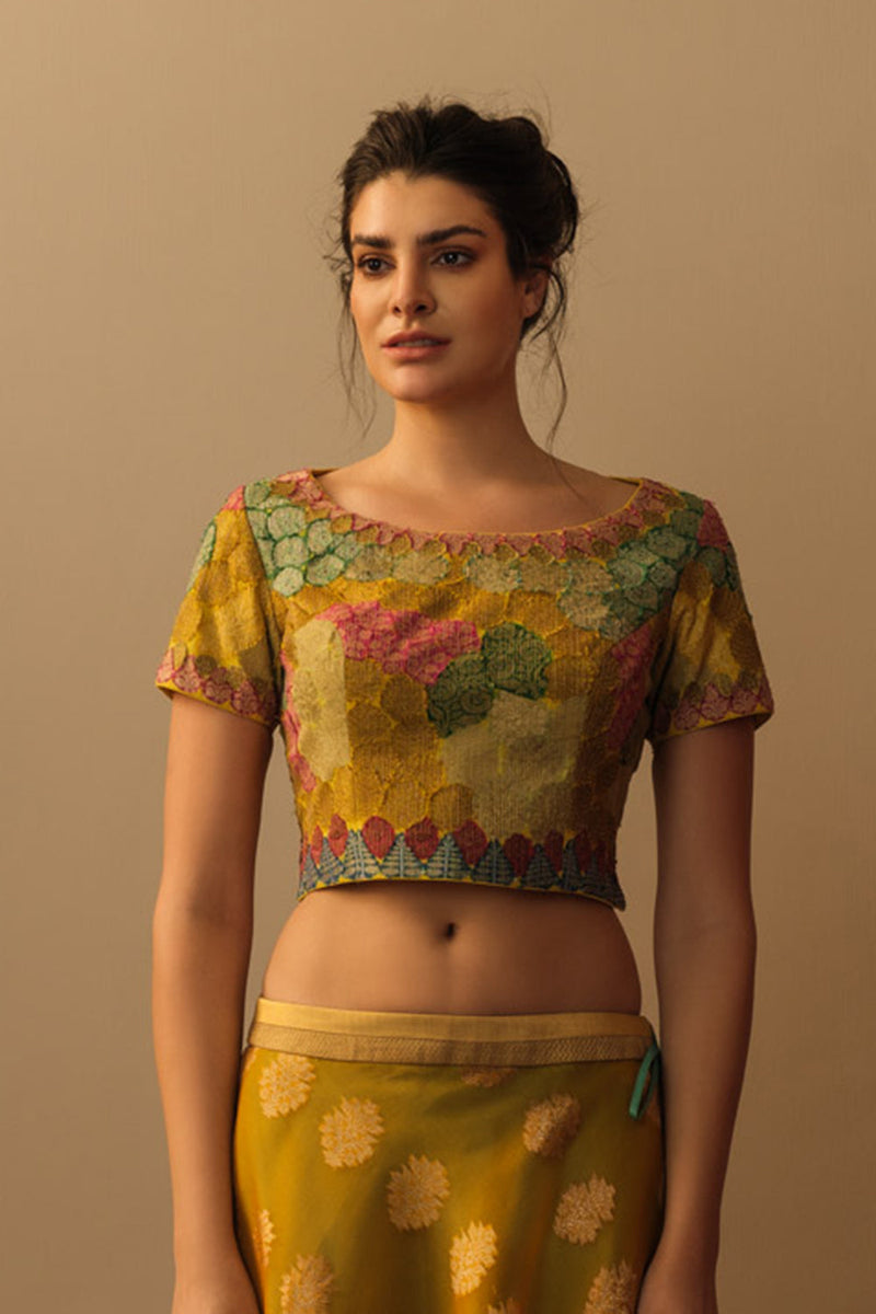 Banaras Bloom crop top marigold yellow silk by Mallika Mathur in yellow color for women Worldwide