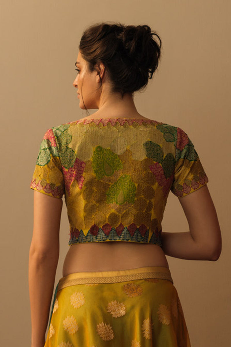 Banaras Bloom crop top marigold yellow silk by Mallika Mathur in yellow color for women Worldwide