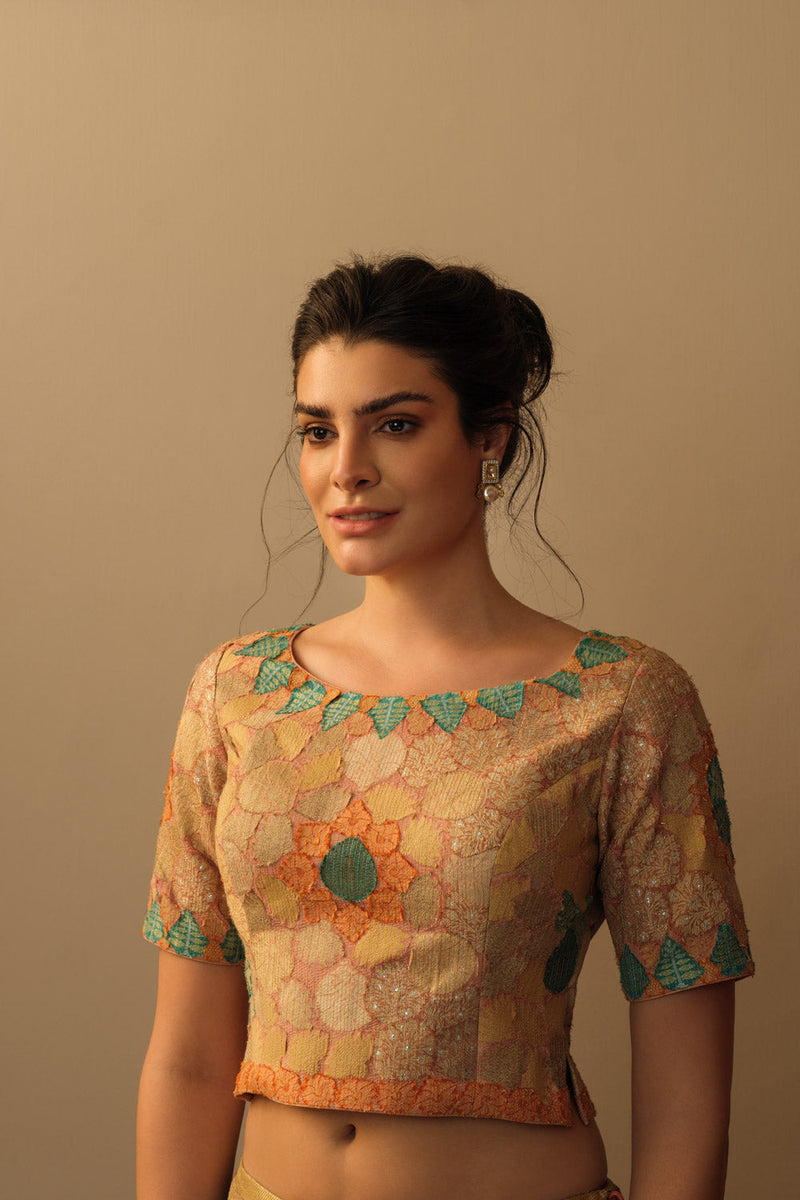 Banaras Bloom crop top peach silk by Mallika Mathur in peach color for women Worldwide