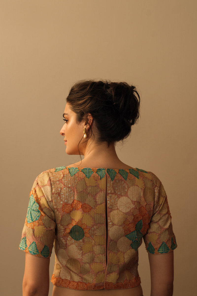 Banaras Bloom crop top peach silk by Mallika Mathur in peach color for women Worldwide