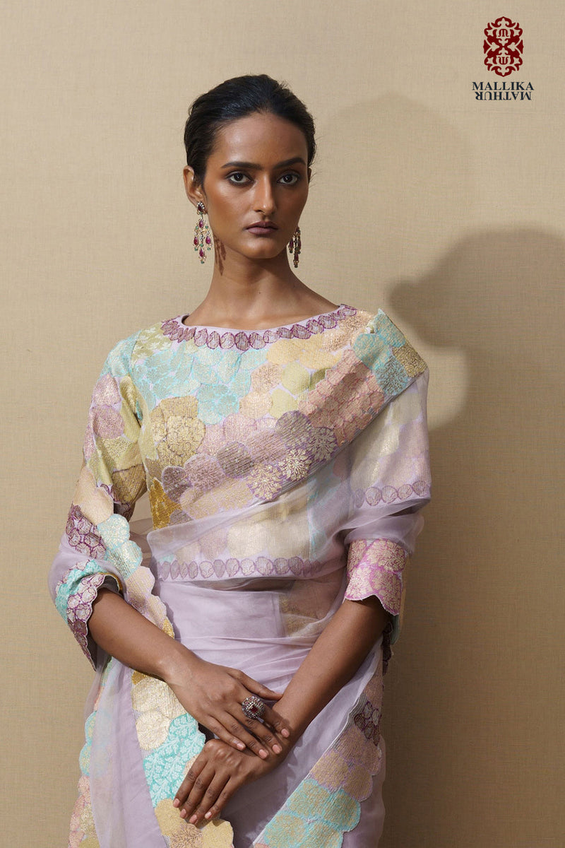 Banaras bloom crop top applique lilac silk by Mallika Mathur for women Worldwide