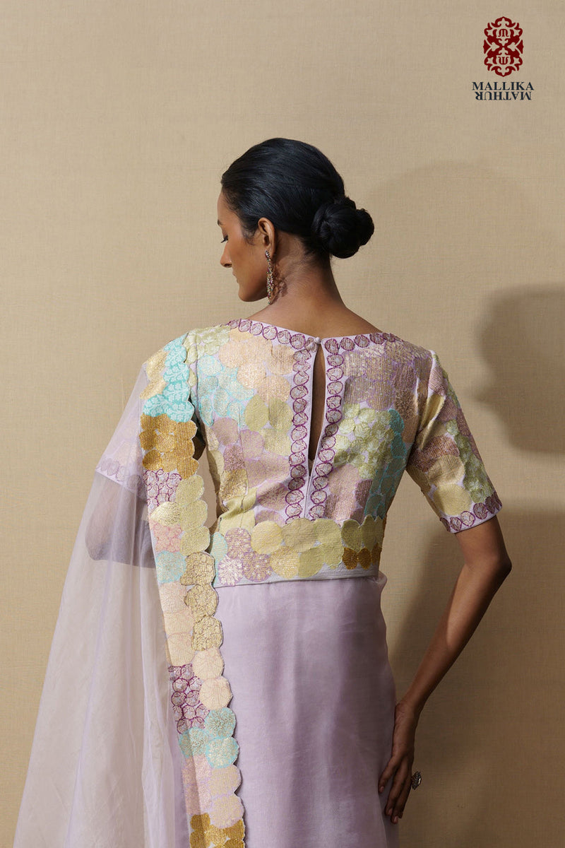 Banaras bloom crop top applique lilac silk by Mallika Mathur for women Worldwide