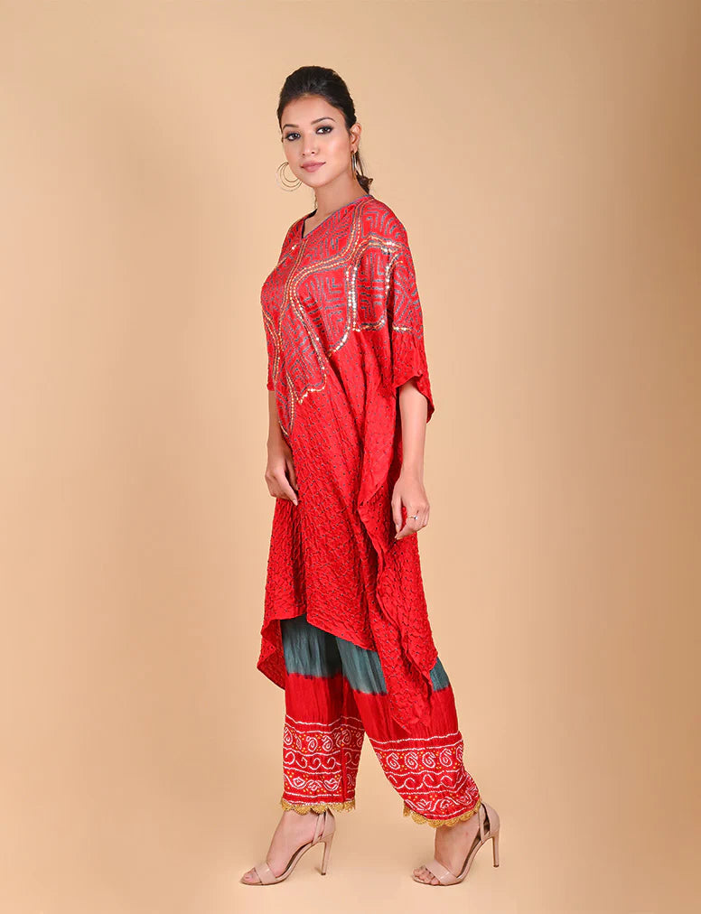 BANDHANI PANTS-GREY AND RED silk by Dyelogue in multi color for women Worldwide