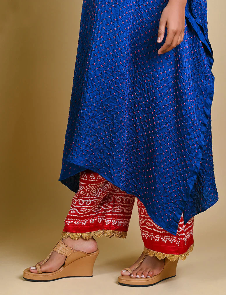 BANDHANI PANTS-RED silk by Dyelogue in red color for women Worldwide