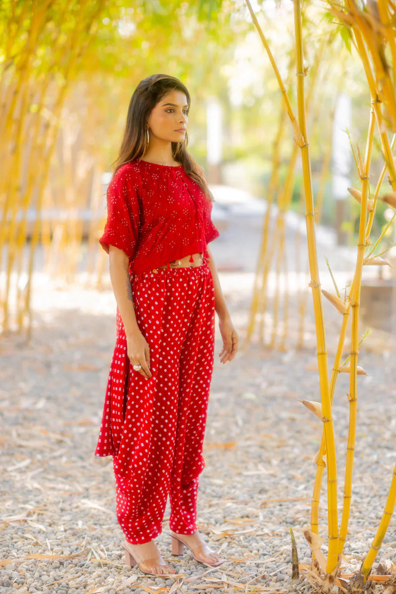 BANDHANI WRAP DHOTI-RED silk by Dyelogue in red color for women Worldwide