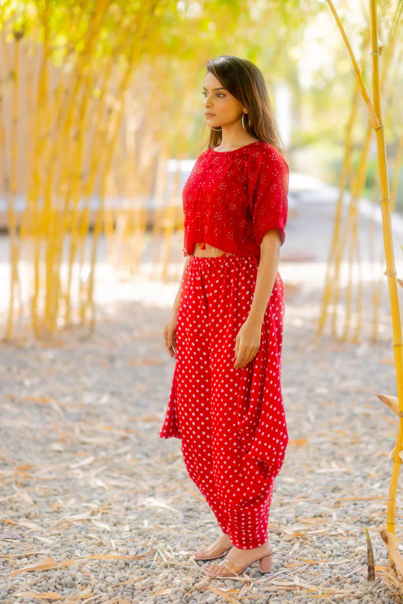 BANDHANI WRAP DHOTI-RED silk by Dyelogue in red color for women Worldwide