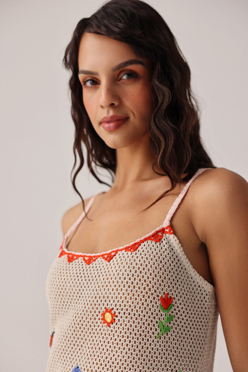Bardot Mini-Ecru Dress crochet resort wear by NOIB in beige for women Worldwide