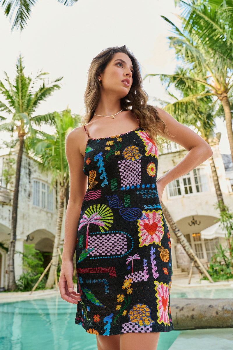 Bardot Mini-Seascape Dress crochet resort wear by NOIB in black for women Worldwide