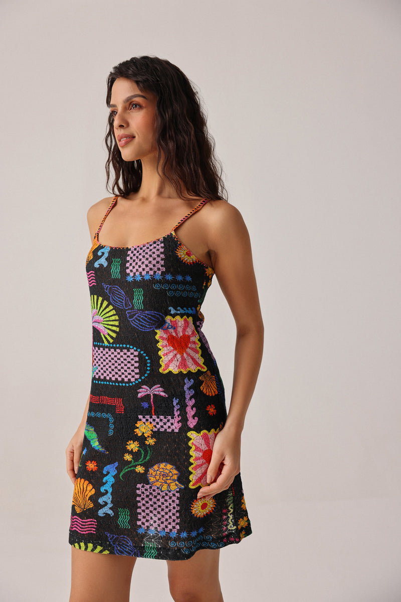 Bardot Mini-Seascape Dress crochet resort wear by NOIB in black for women Worldwide