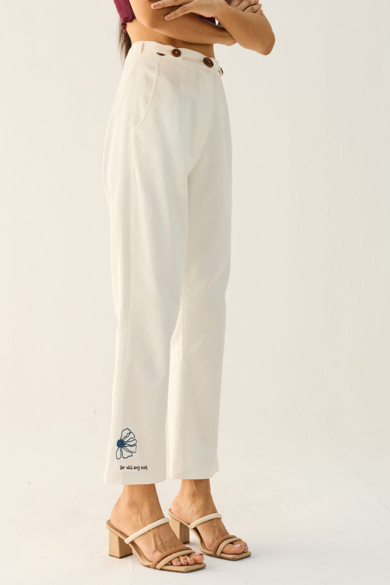 Be Wild Handwoven Twill Trousers cotton by Sui in white color for women Worldwide