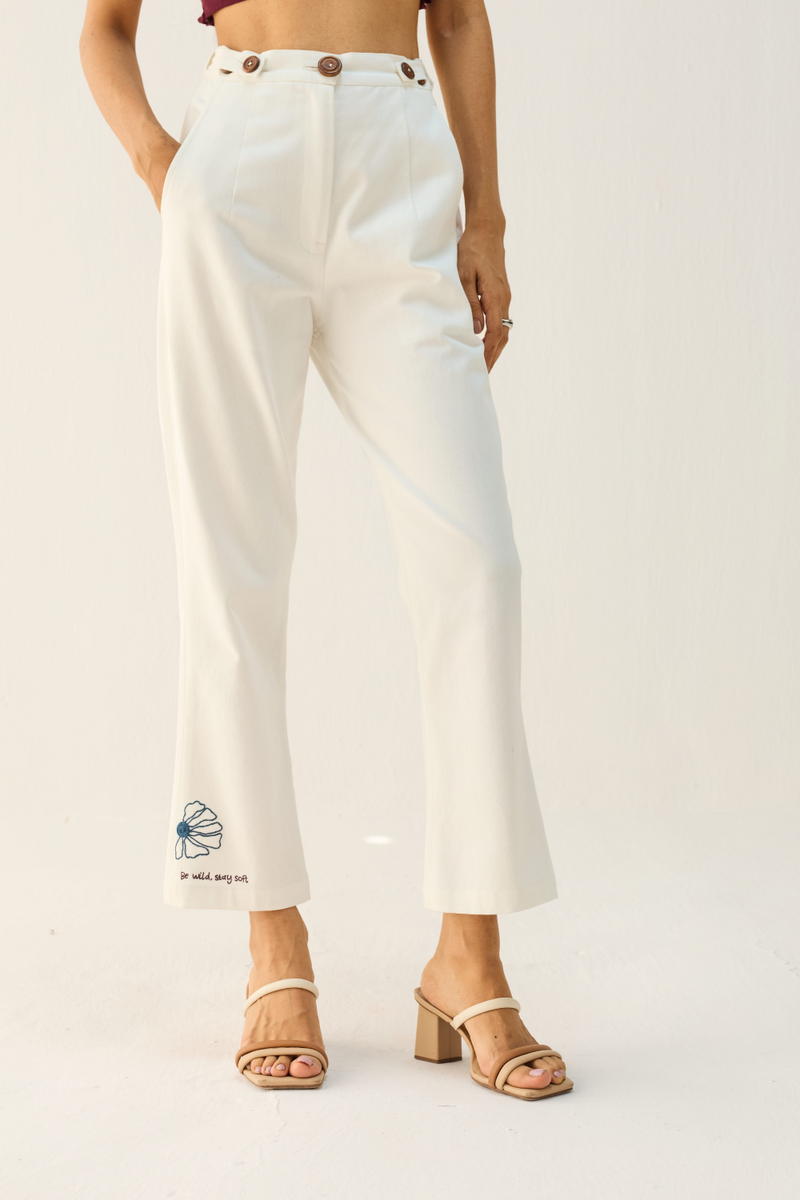 Be Wild Handwoven Twill Trousers cotton by Sui in white color for women Worldwide