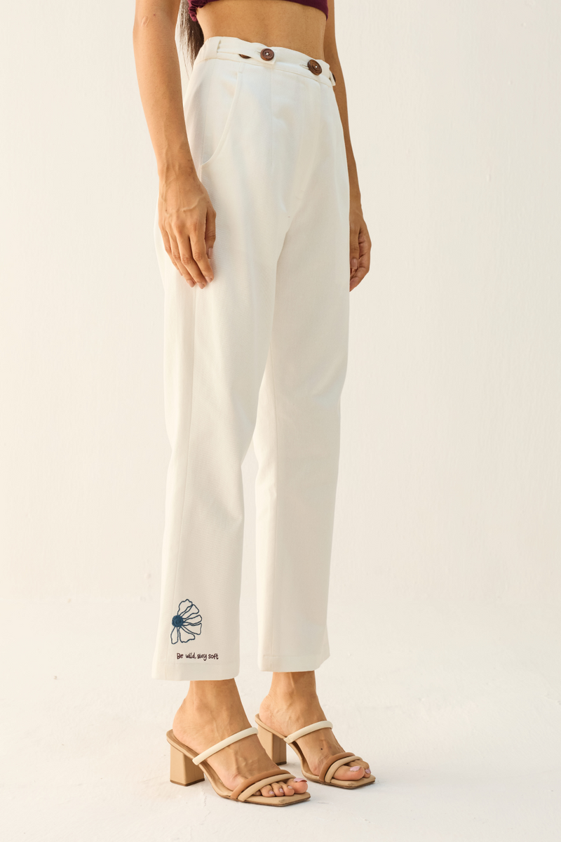 Be Wild Handwoven Twill Trousers cotton by Sui in white color for women Worldwide