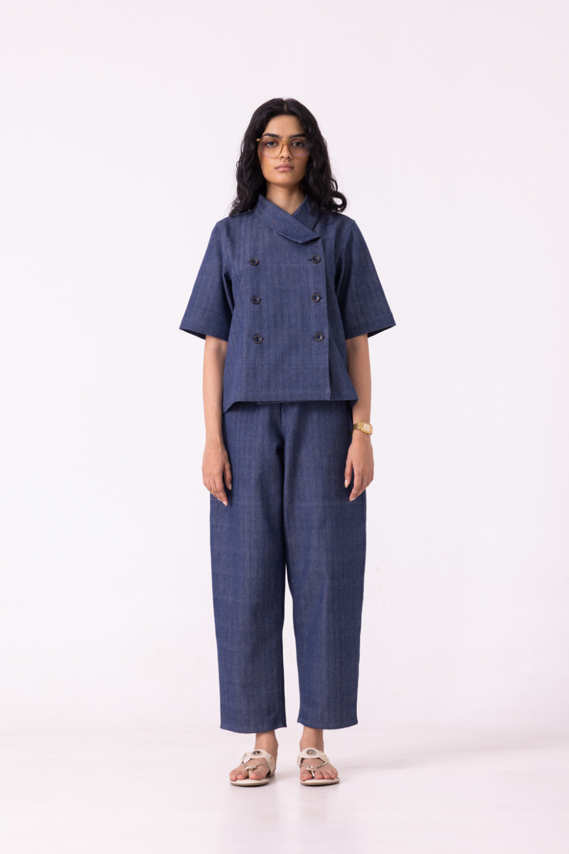 Becky Blue Handwoven Denim top cotton by The Summer House for women Worldwide