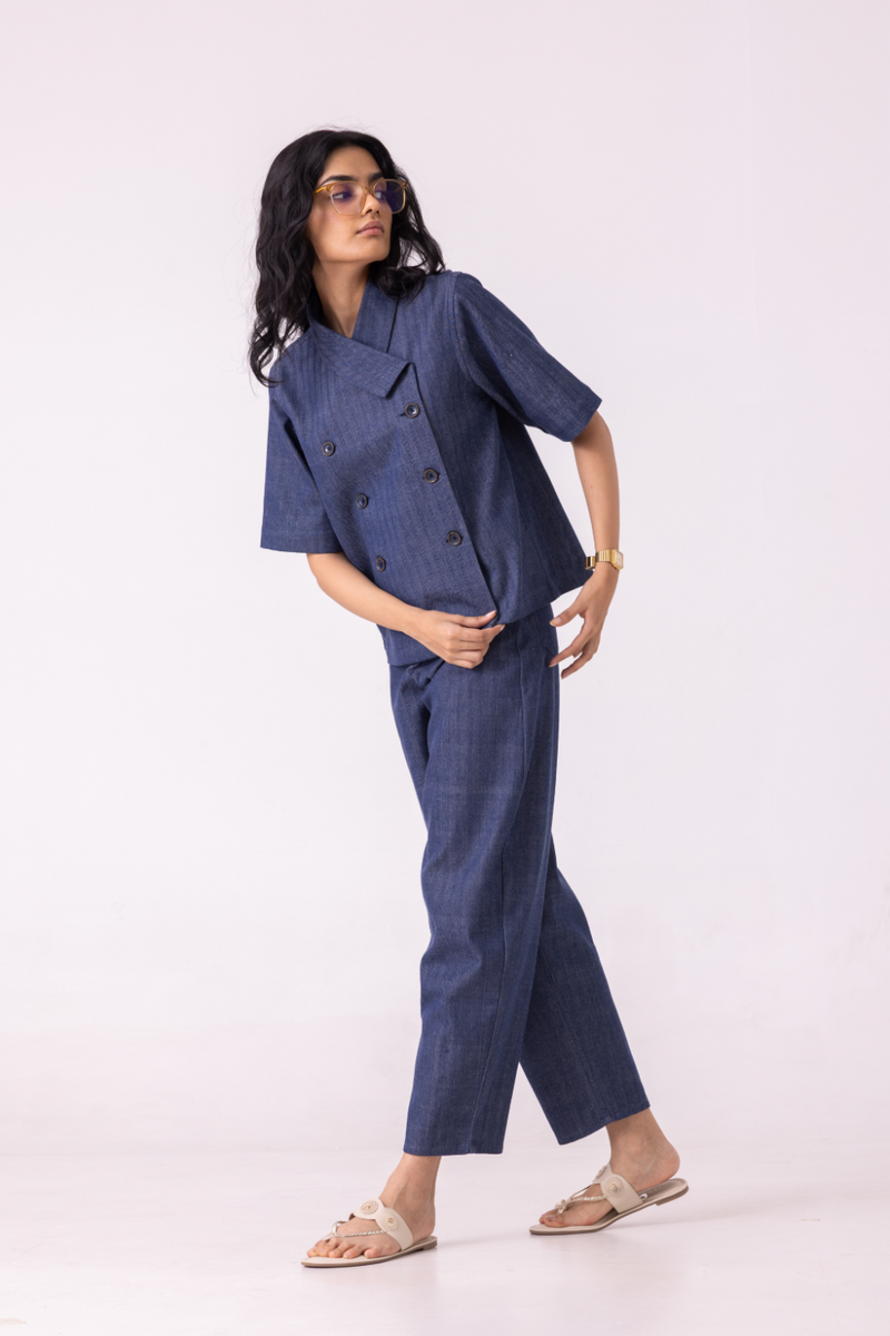 Becky Blue Handwoven Denim top cotton by The Summer House for women Worldwide