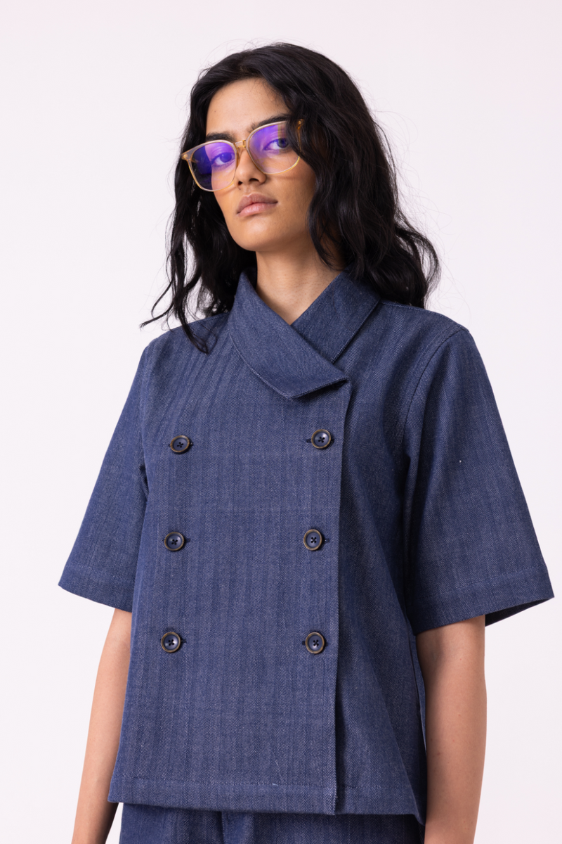 Becky Blue Handwoven Denim top cotton by The Summer House for women Worldwide