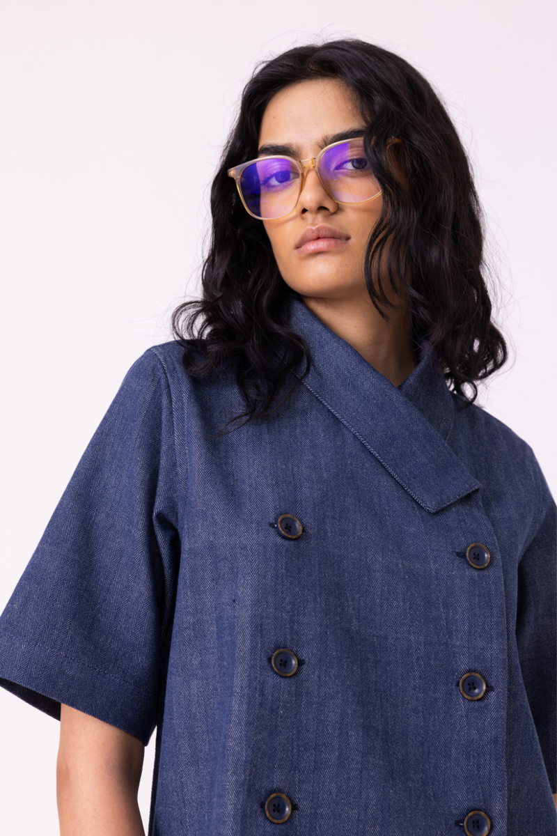 Becky Blue Handwoven Denim top cotton by The Summer House for women Worldwide