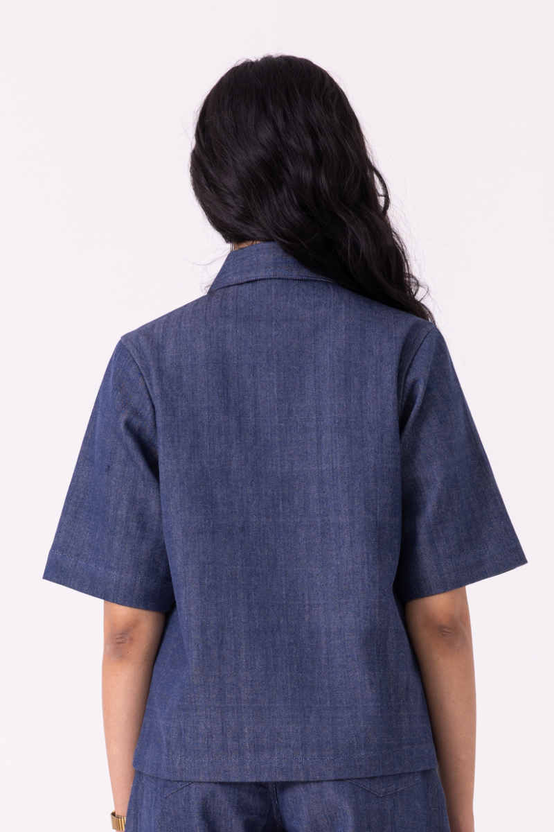 Becky Blue Handwoven Denim top cotton by The Summer House for women Worldwide