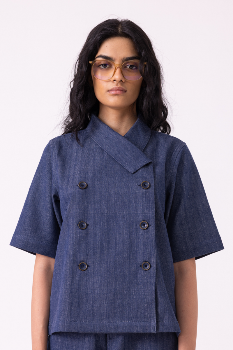 Becky Blue Handwoven Denim top cotton by The Summer House for women Worldwide