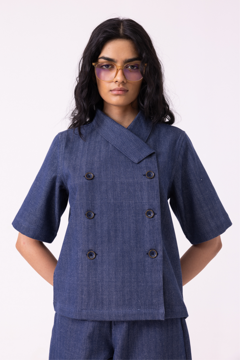 Becky Blue Handwoven Denim top cotton by The Summer House for women Worldwide