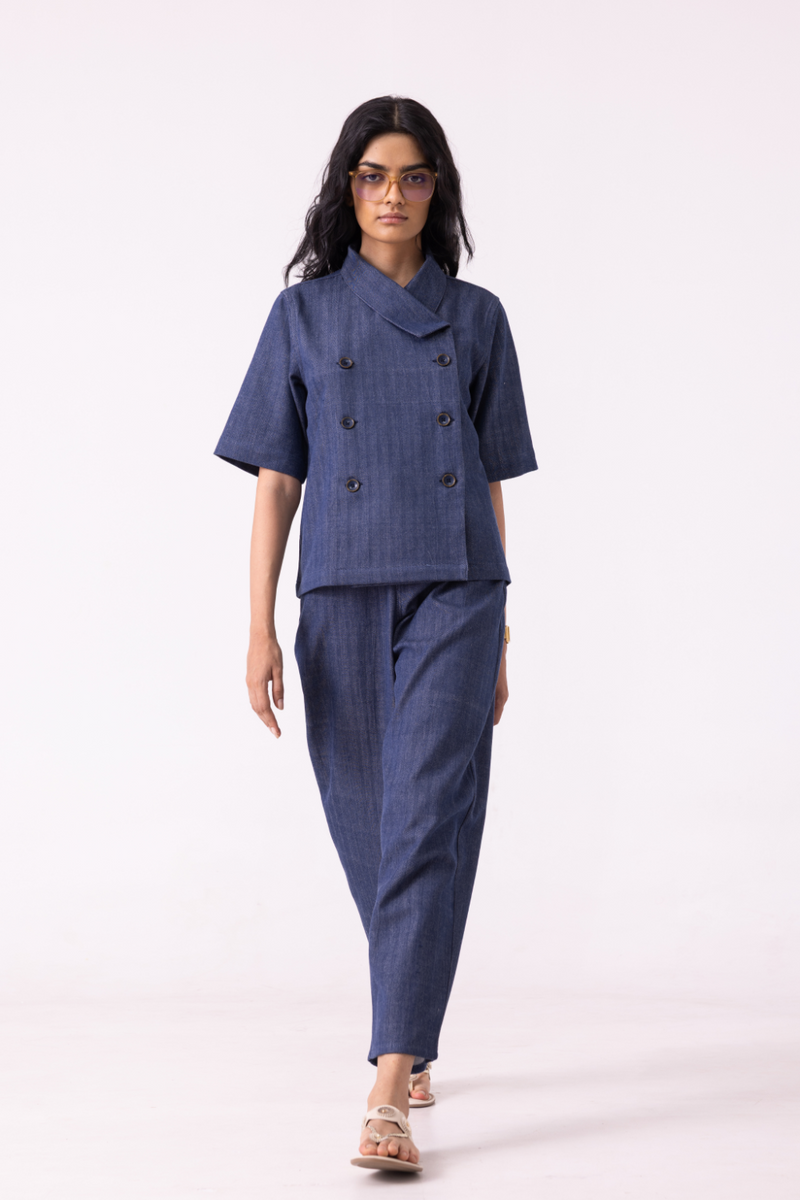 Becky Blue Handwoven Denim top cotton by The Summer House for women Worldwide