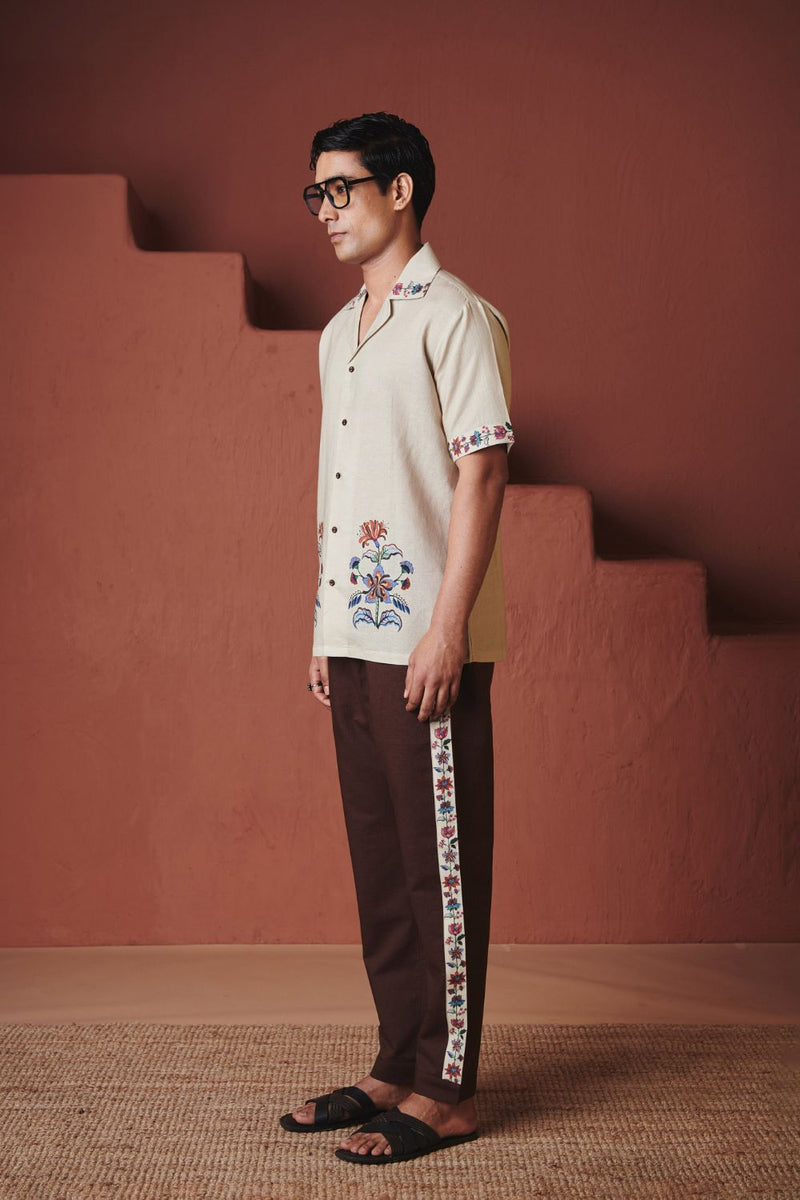 Beige Chintz Co Linen Men's Camp Collar Shirt cotton by Saphed in beige color for men Worldwide