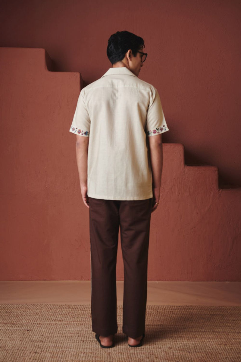 Beige Chintz Co Linen Men's Camp Collar Shirt cotton by Saphed in beige color for men Worldwide