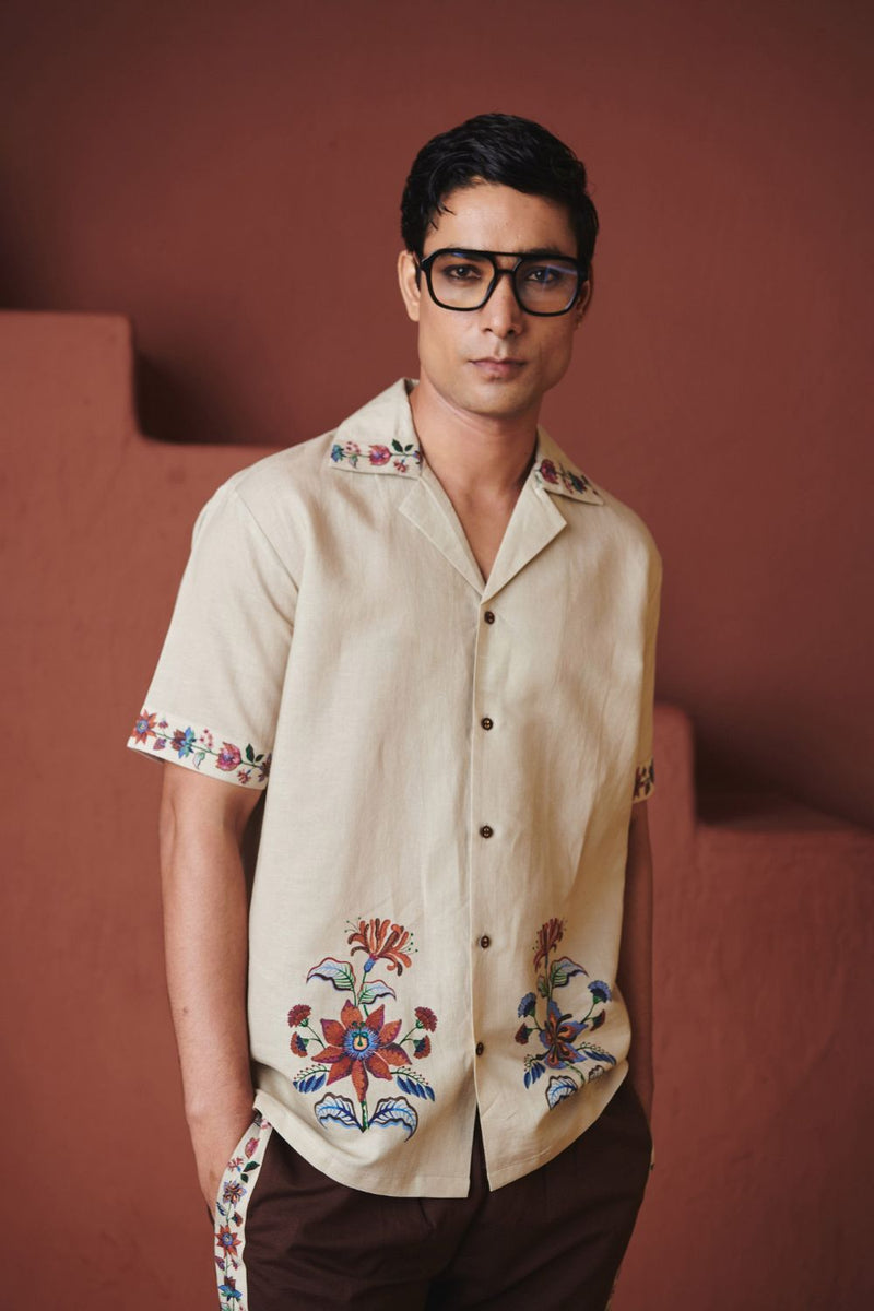 Beige Chintz Co Linen Men's Camp Collar Shirt cotton by Saphed in beige color for men Worldwide
