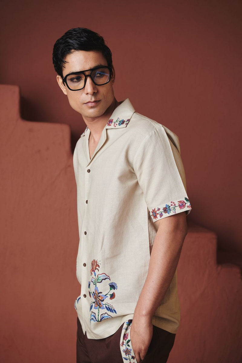 Beige Chintz Co Linen Men's Camp Collar Shirt cotton by Saphed in beige color for men Worldwide