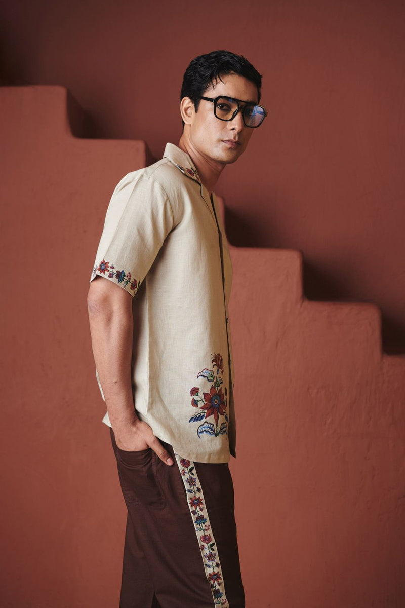 Beige Chintz Co Linen Men's Camp Collar Shirt cotton by Saphed in beige color for men Worldwide