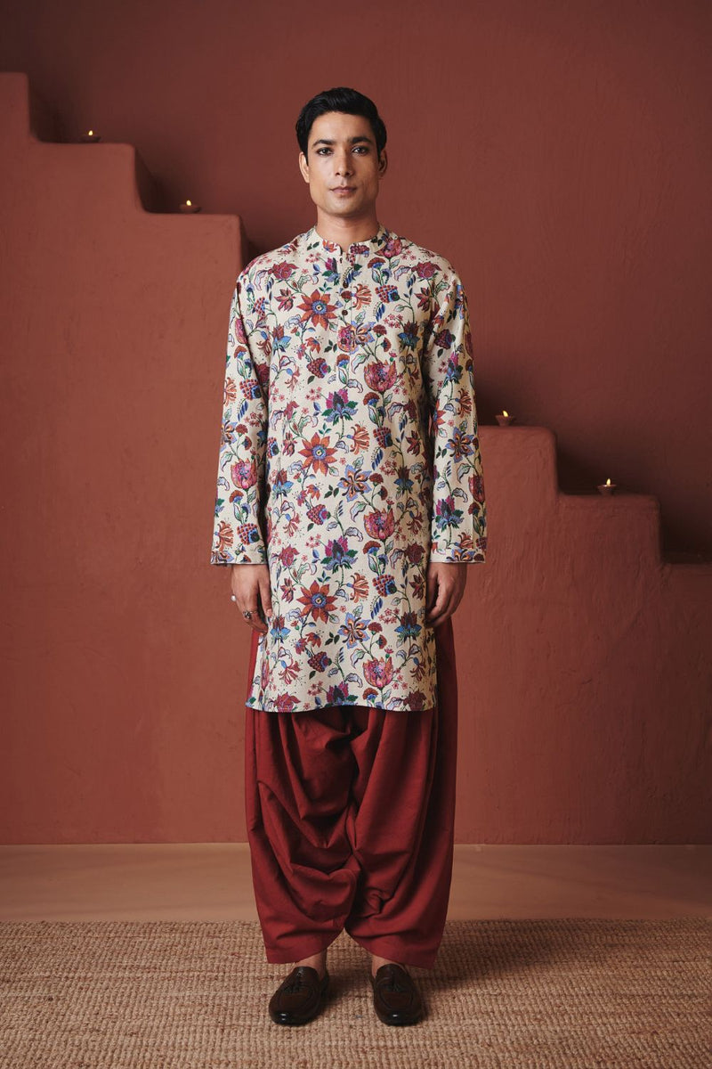 Beige Chintz Co Linen Men's Classic Kurta cotton by Saphed in beige color for men Worldwide