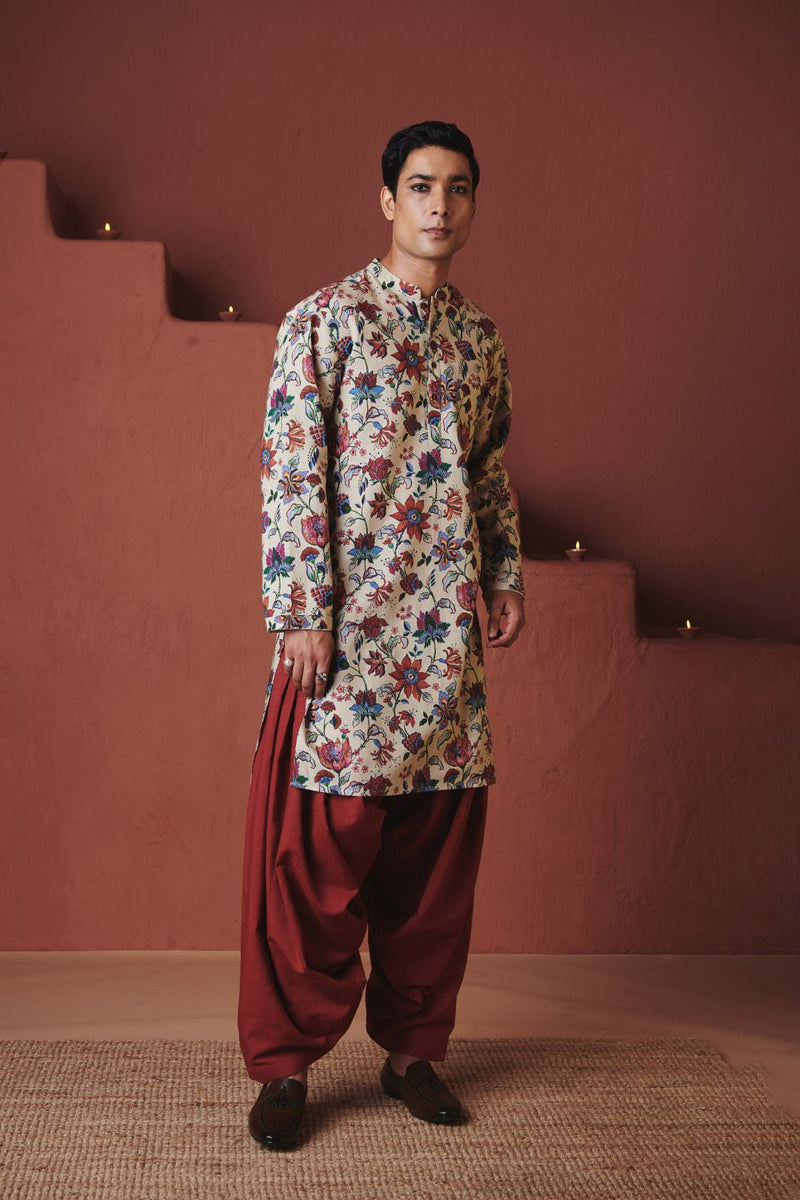 Beige Chintz Co Linen Men's Classic Kurta cotton by Saphed in beige color for men Worldwide