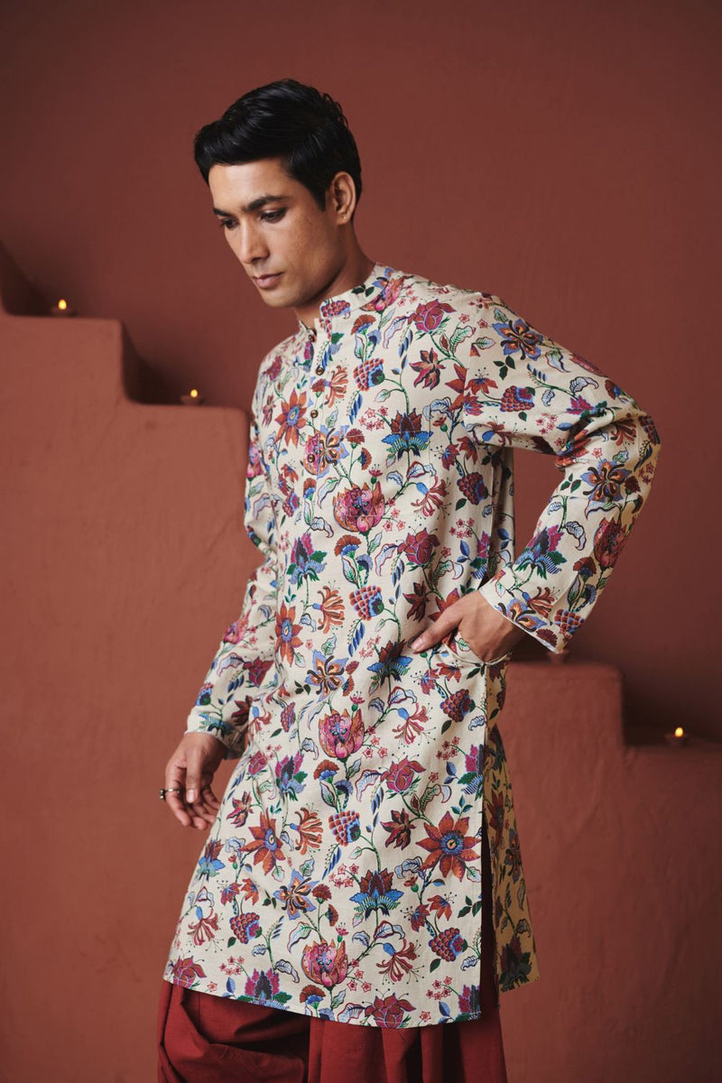 Beige Chintz Co Linen Men's Classic Kurta cotton by Saphed in beige color for men Worldwide
