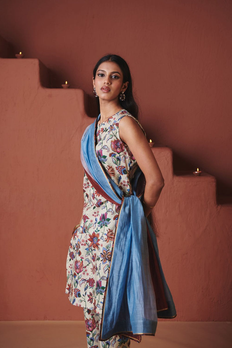 Beige Chintz Co Linen Sleeveless Fitted Kurta Set cotton by Saphed in beige color for women Worldwide