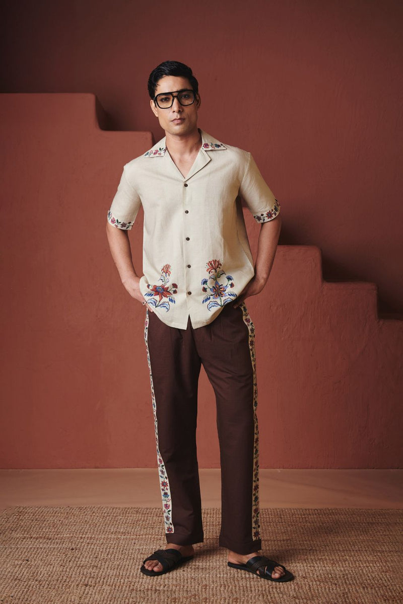 Beige Coffee Chintz Co Linen Men's Camp Collar Shirt Set cotton by Saphed in multi color for men Worldwide