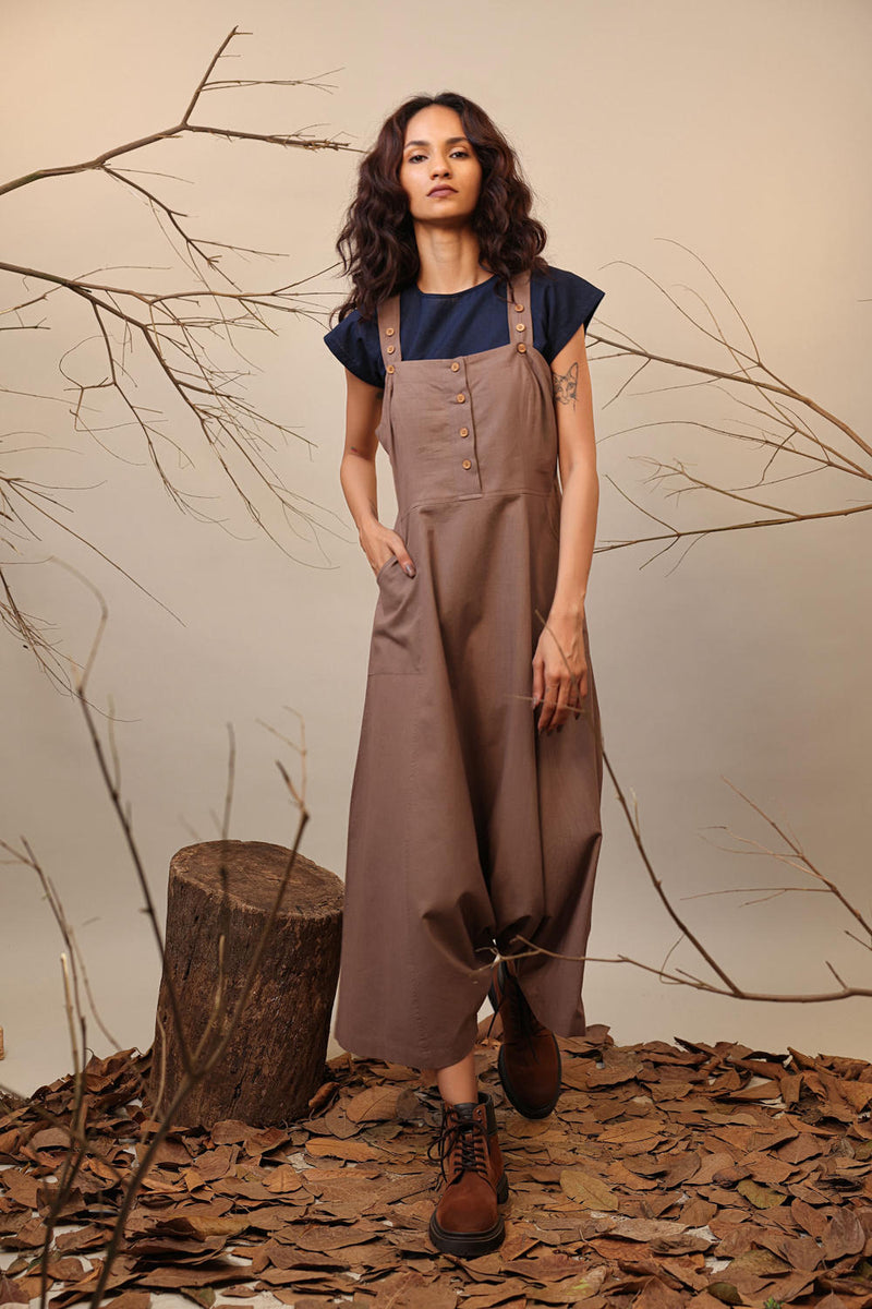 Beige Dungarees 100% cotton by Mati in beige color for women Worldwide